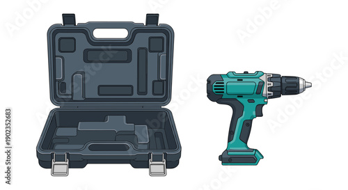 Teal Cordless Electric Power Drill with Open Black Carrying Case Storage Box on White Background