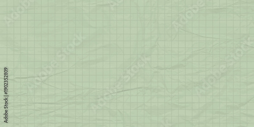 Muted green crumpled grid paper texture background, vintage wrinkled checkered notebook sheet