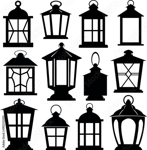 Set of vintage lantern silhouettes, outdoor garden lamp icons isolated on white background.