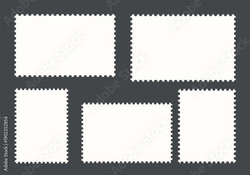 Collection of Blank White Postage Stamp Frames with Perforated Edges Isolated on Dark Background for Vintage Mail Correspondence and Creative Graphic Design