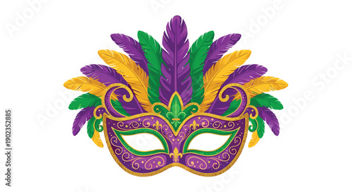 Purple and Green Mardi Gras Mask with Large Colorful Feathers and Gold Glitter Accents