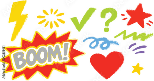 Colorful Whimsical Doodle Icons with Playful Hand-Drawn Symbols Set