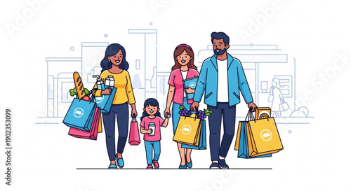 Happy family with shopping bags walking together in a city symbolizing retail therapy and quality time