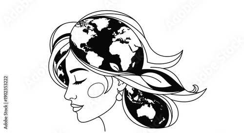 Globe icon with abstract flowing hair and leaf elements in black and white, eco planet concept illustration for sustainability, climate awareness, nature and world design