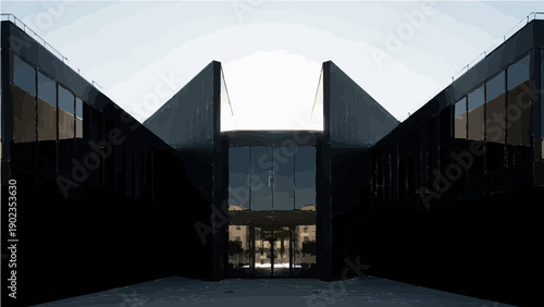 A modern building with a sleek glass and steel design featuring a large entranceway and symmetrical architecture under a clear sky