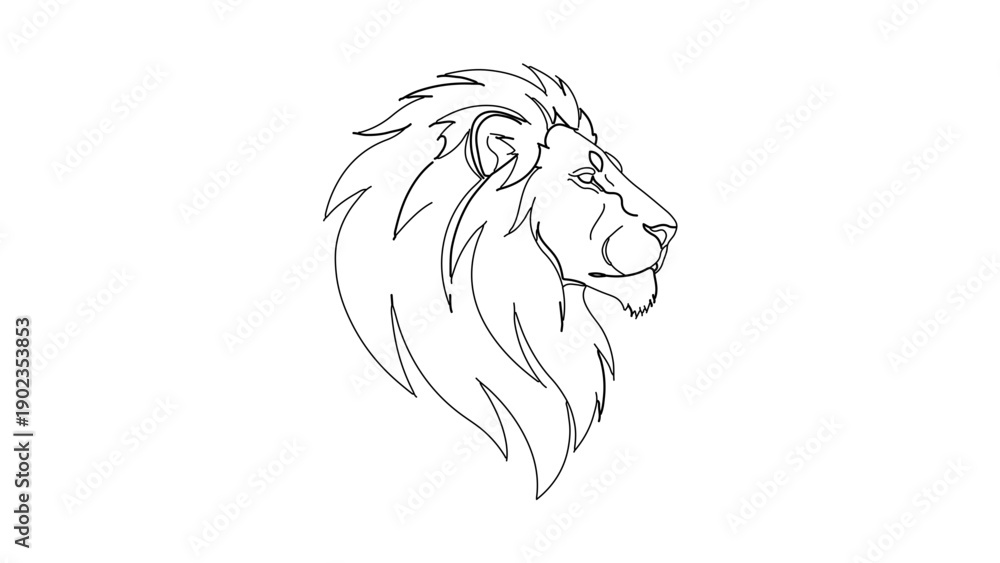 Obraz premium A minimalist line art illustration of a lion's head in profile, showcasing its majestic mane and regal expression.