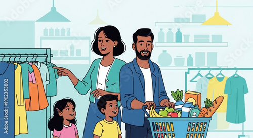 Family shopping together in a store with a cart full of groceries and clothes
