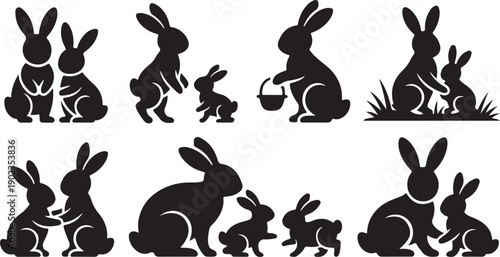 Various black silhouette illustrations showing pairs of adult and young rabbits interacting lovingly