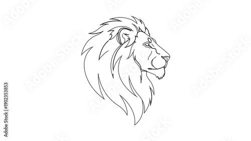 A minimalist line art illustration of a lion's head in profile, showcasing its majestic mane and regal expression.