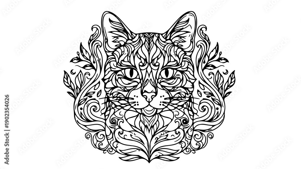 Fototapeta premium A black and white vector illustration of a cat's face surrounded by floral patterns and leaves