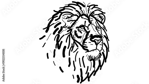 A minimalist black and white vector illustration of a lion's head with a majestic mane