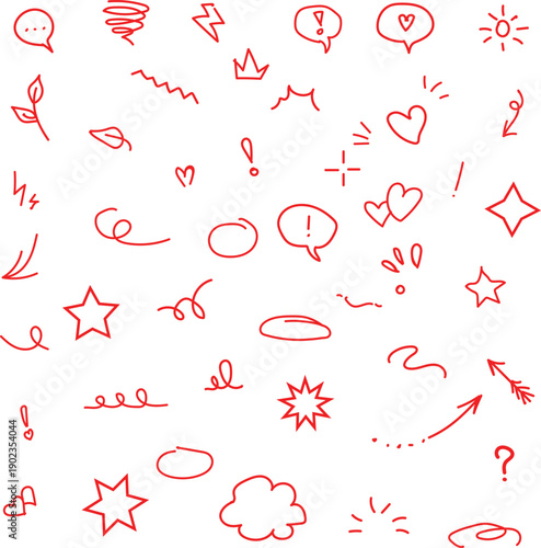 Hand drawn red doodle icons and symbols set including arrows, hearts, speech bubbles and decorative elements, vector illustration isolated on transparent background