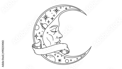 A minimalist vector illustration of a crescent moon with a serene face surrounded by stars