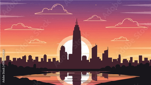 A vibrant city skyline silhouette at sunset with a serene lake in the foreground