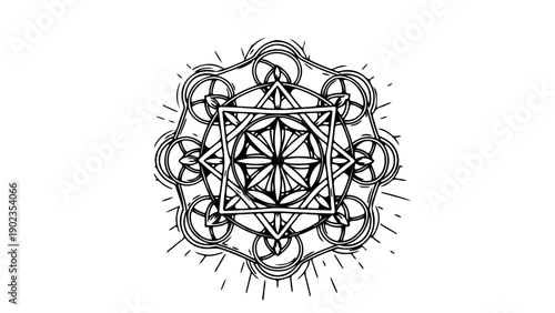 A intricate geometric mandala design with symmetrical patterns and lines, representing spiritual growth and harmony