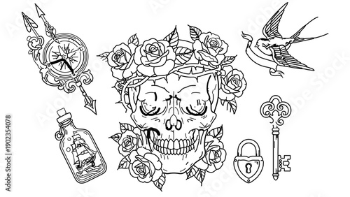 A vector graphic illustration of a skull surrounded by roses and various tattoo symbols