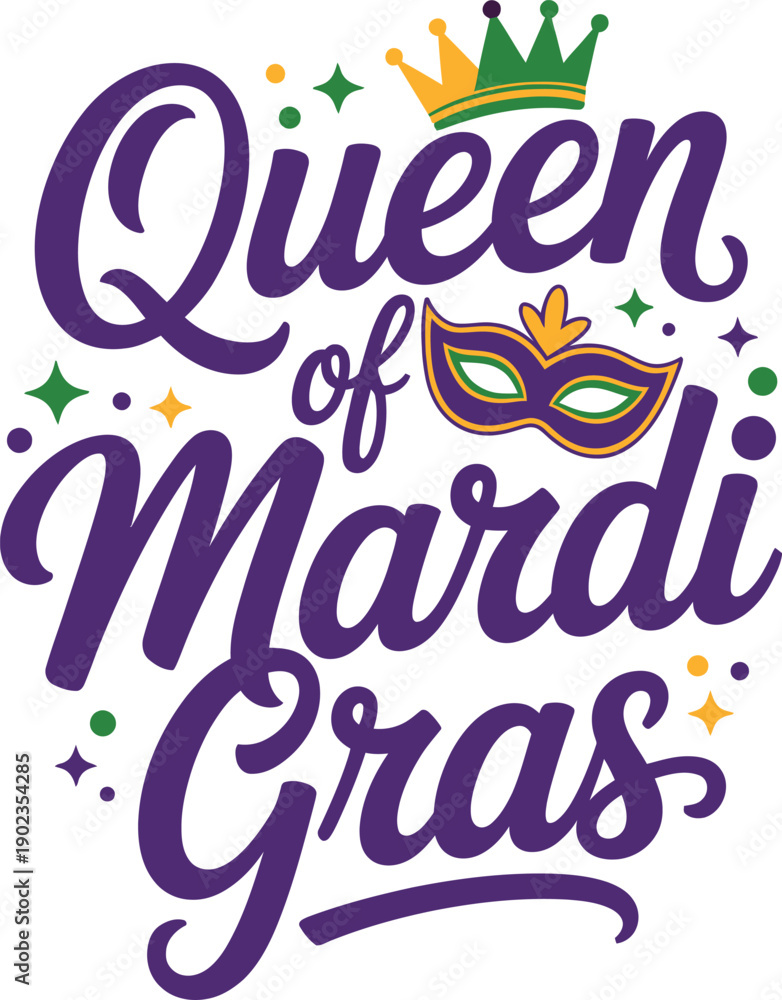 Obraz premium Mardi gras queen of carnival celebration design with purple text and masks