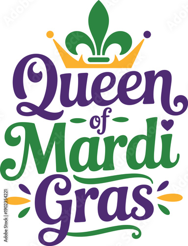 Vibrant mardi gras celebration queen of mardi gras colorful logo with crown and fleur de lis