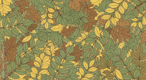 Vibrant foliage pattern with green and yellow leaves on brown background autumnal theme decorative design element