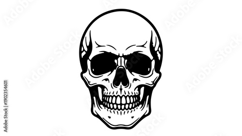 A black and white vector graphic illustration of a human skull with a menacing expression