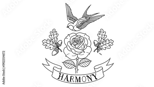 A minimalist vector graphic illustration of a rose, bird, and flowers with a harmony banner