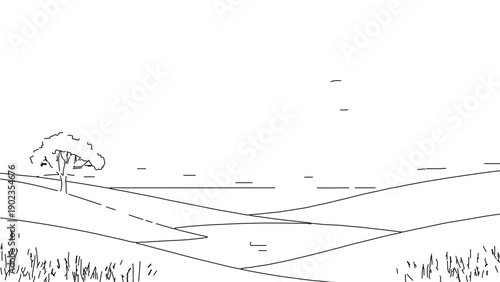 A minimalist line art illustration of a serene landscape with a tree and rolling hills