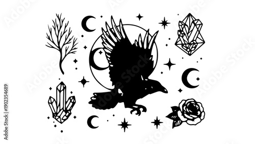 A mystical black silhouette of an eagle surrounded by celestial symbols and crystals in a minimalist vector graphic design