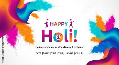 Vibrant holi celebration invitation with colorful splashes and dancing figures on white background
