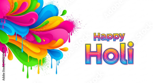 Vibrant happy holi celebration background with colorful paint splashes and text on white