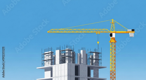 Construction site with yellow crane building a modern high rise structure under clear blue sky