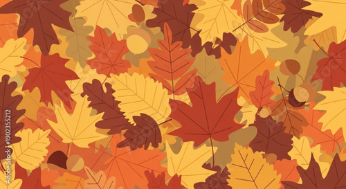 Vibrant autumn leaves pattern with colorful maple and oak foliage in shades of orange yellow and red for seasonal designs