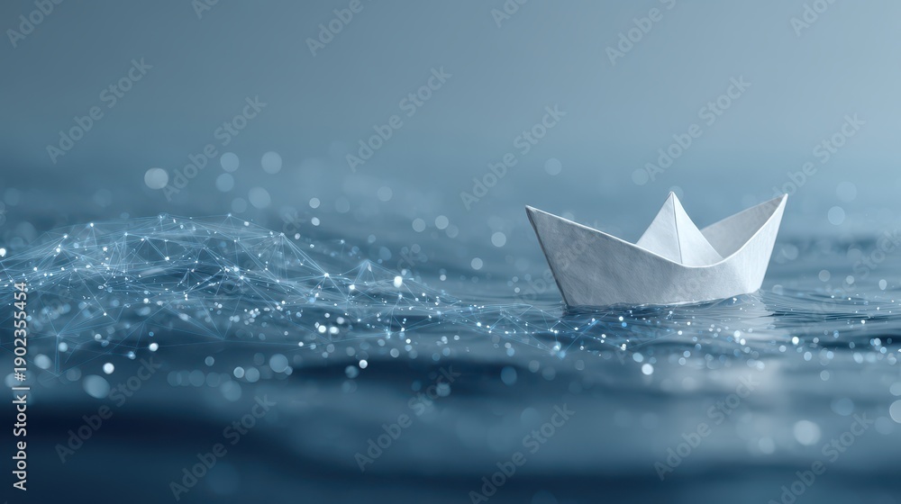 Obraz premium Paper Boat Floating on Abstract Digital Network Water