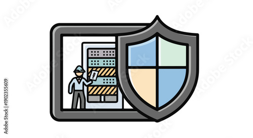 IT security and data protection illustration, showing a shield safeguarding a server rack and technician, representing robust cybersecurity infrastructure.