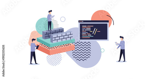 Modern illustration of software developers collaborating on a digital project, building layered system architecture. Concept of coding, programming, and technology solutions.