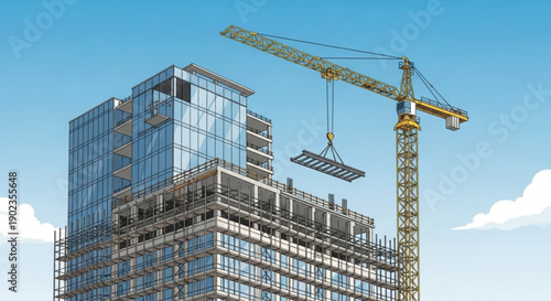 Modern skyscraper under construction with crane lifting metal panel against clear blue sky