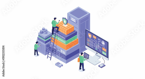 IT professionals securing and managing complex data center infrastructure with servers and network equipment