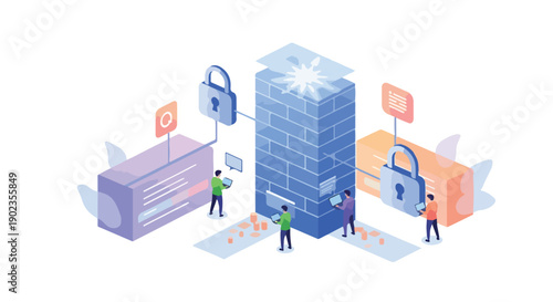 Isometric illustration of cybersecurity concept, firewall protecting data servers from digital threats and unauthorized access, network security