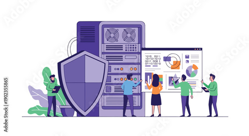 Team of professionals working on data security and server maintenance with shield and charts