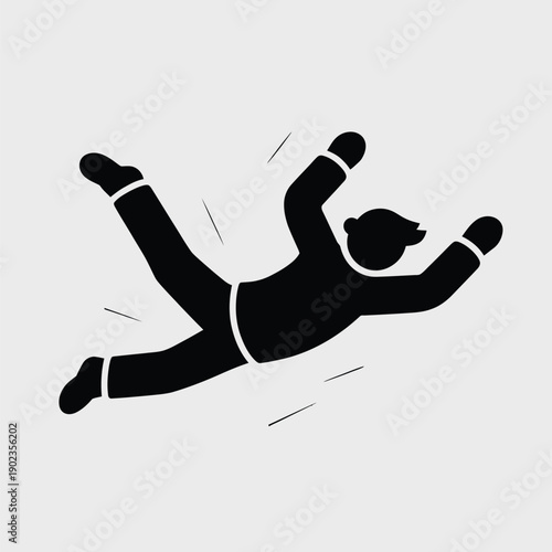 A black silhouette of a person falling or floating in the air with arms and legs spread out, against a light grey background.