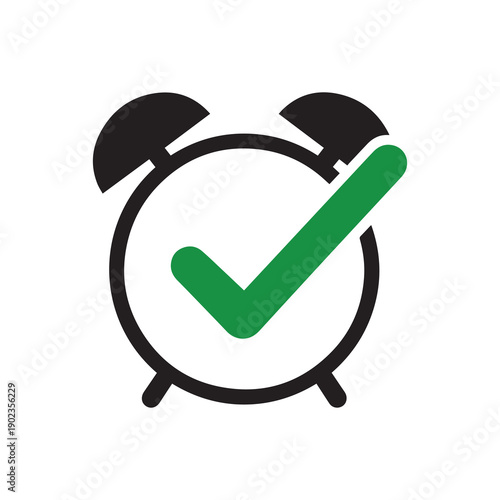 Alarm clock icon with green check mark symbolizing time management