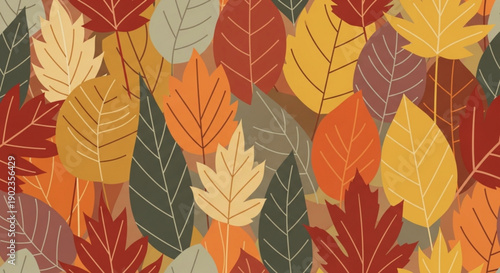 Vibrant autumn leaves in shades of red orange yellow and green arranged in a colorful pattern symbolizing fall season and nature's change