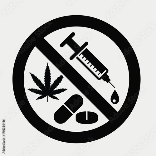 No drugs allowed sign with cannabis leaf, pills, and syringe indicating prohibition of illegal substances.