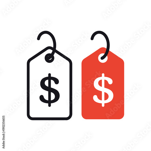 Two price tags with dollar signs in black and red for retail sales