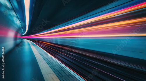A train is moving through a tunnel with a bright blue background
