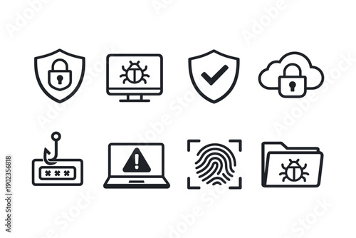 Cybersecurity icons representing digital threats and protection measures