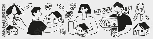 Real estate and mortgage illustration with people buying, approving and insuring homes. Doodle style characters showing property purchase, finance approval and home investment.