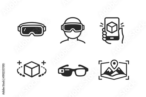 Collection of augmented and virtual reality icons for technology and gaming concepts