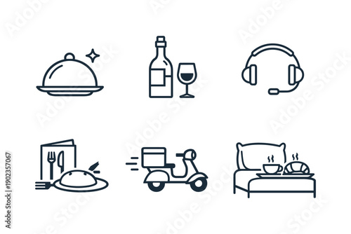 Collection of icons representing dining, delivery, and hospitality services