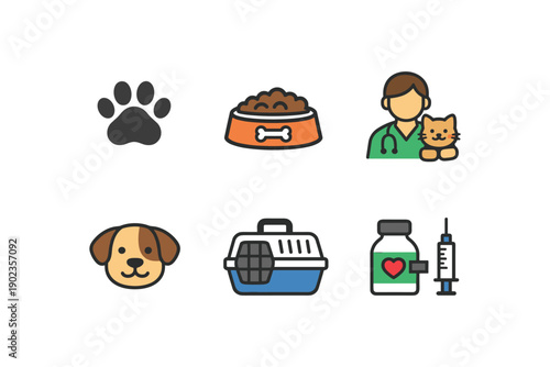 Collection of veterinary icons including paw print, food bowl, vet with cat, dog face, carrier, and medicine