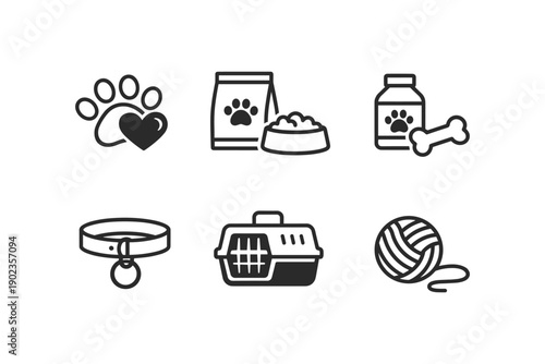 Collection of pet care icons including paw print, food, carrier, and toys